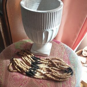 Natural Wood Disc Multi-Strand Necklace in Beige and Black